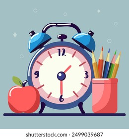 Seamless pattern soon to school, alarm clock, clock, map, globe, pencils, books, alarm clock, apple, isolated, vector