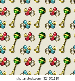 Seamless pattern with soothers and rattles