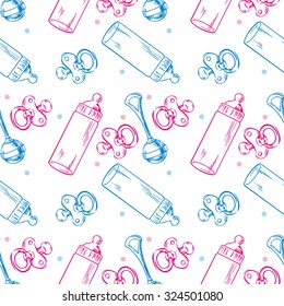 Seamless pattern with soothers, rattles and baby bottles