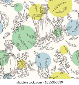 Seamless pattern with sophora japonica and bottle o fsophora japonica oil. Vector hand drawn illustration