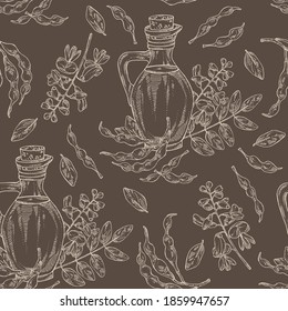 Seamless pattern with sophora japonica and bottle o fsophora japonica oil. Vector hand drawn illustration