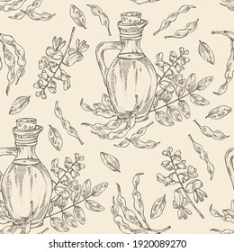 Seamless pattern with sophora japonica and bottle o fsophora japonica oil. Vector hand drawn illustration