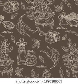 Seamless pattern with sophora japonica: branch, flower and pod of sophora japonica. Oil, soap and bath salt . Cosmetics and medical plant. Vector hand drawn illustration