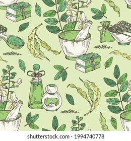 Seamless pattern with sophora japonica: branch, flower and pod of sophora japonica. Oil, soap and bath salt . Cosmetics and medical plant. Vector hand drawn illustration