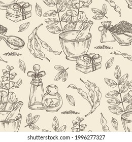 Seamless pattern with sophora japonica: branch, flower and pod of sophora japonica. Oil, soap and bath salt . Cosmetics and medical plant. Vector hand drawn illustration