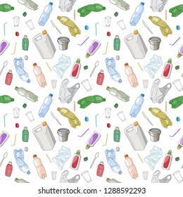 Seamless pattern with sorted plastic garbage isolated on white background. Part 2 of separate debris collection. Vector hand drawn set of trash. Concept of Recycles Day, World Cleanup Day and ecology.