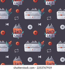 Patrón sin problemas con control de sonido, signo de podcast. Podcast, streaming, show en línea, blogueo, radiodifusión. Ilustración vectorial.