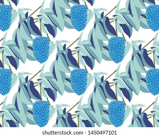 seamless pattern. with soursop leaves and soursop fruit a combination of blue and light blue color.