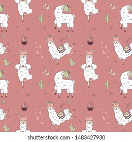 Seamless pattern with south America cute llama with decorations. Outline cartoon baby llama. Hand drawn background with Peru animal guanaco, alpaca. Vector illustration