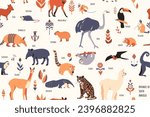 Seamless pattern with South American animals with floral elements and captions. Simple vector style, beige colors.