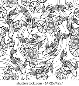 Seamless pattern in southern style. Koi fish in a pond with leaves and blooming lotuses. Japanese print motifs on fabric and wallpaper. Coloring page