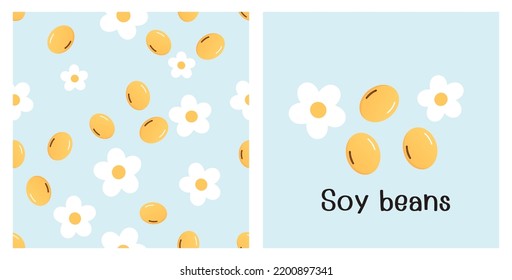 Seamless pattern with soy beans and flower on blue backgrounds vector illustration.