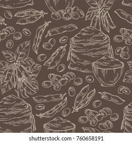 Seamless pattern with soy flour: bag and plate with soy flour, soybeans and soybean plant. Vector hand drawn illustration