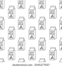 Seamless Pattern with Soy milk. Box Carton packaging. Outline, Doodle, Line art. Vector flat illustration.