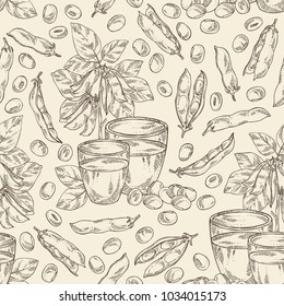 Seamless Pattern With Soy Milk: A Glass Of Soy Milk, Soybeans And Soybean Plant. Vector Hand Drawn Illustration.