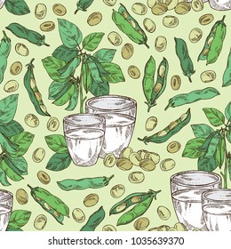 Seamless pattern with soy milk: a glass of soy milk, soybeans and soybean plant. Vector hand drawn illustration.