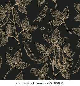 Seamless pattern with soy plants and beans in engraving style. Detailed hand-drawn vector illustration