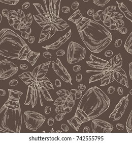 Seamless pattern with soy sauce: a bottle of soybean, a bowl of soy sauce, soya beans and soybean plant. Vector hand drawn illustration