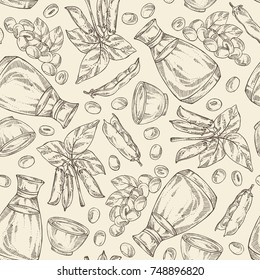 Seamless Pattern With Soy Sauce: A Bottle Of Soybean, A Bowl Of Soy Sauce, Soya Beans And Soybean Plant. Vector Hand Drawn Illustration.