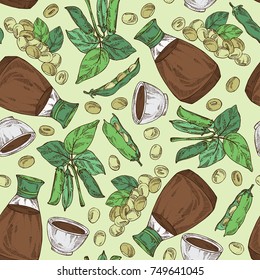 Seamless pattern with soy sauce: a bottle of soybean, a bowl of soy sauce, soya beans and soybean plant. Vector hand drawn illustration.