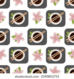 Seamless pattern with soy sauce, chopsticks and lotus flowers on white background, modern vector illustration