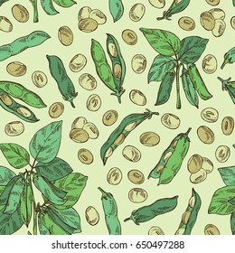 Seamless Pattern With Soybean: Bean, Soy Pod, Plant And Leaves. Vector Hand Drawn Illustration.