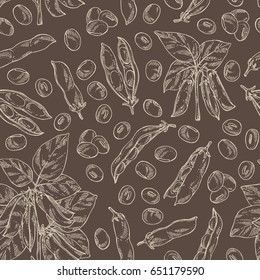 Seamless Pattern With Soybean: Bean, Soy Pod, Plant And Leaves. Vector Hand Drawn Illustration.