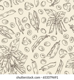 Seamless pattern with soybean: bean, soy pod, plant and leaves. Vector hand drawn illustration.