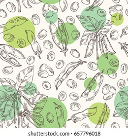 Seamless Pattern With Soybean: Bean, Soy Pod, Plant And Leaves. Vector Hand Drawn Illustration.