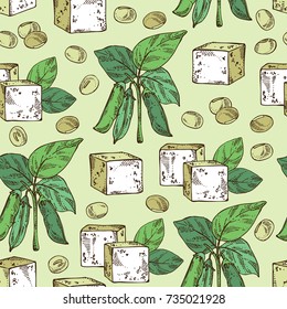 Seamless pattern with soybean tofu, soy plant and soya beans. Vector hand drawn illustration.