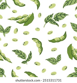 Seamless pattern, soybeans and pods. Endless background, soy beans, green legumes and leaf. Healthy vegetarian food, repeating print. Colored flat vector illustration for textile, wrapping, fabric