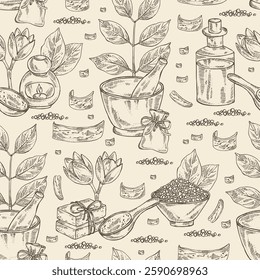 Seamless pattern with soymida febrifuga: plant, fruits, leaves and soymida febrifuga bark. Swietenia febrifuga. Oil, soap and bath salt. Cosmetics and medical plant. Vector