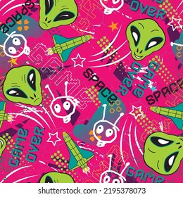Seamless pattern Space Alien. Background Vector cartoon style. Planets, stars, space rockets, slogans. illustration for print, baby clothes, for fashion textile, wrapping paper, t-shirt and other uses