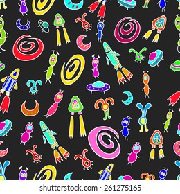 Seamless pattern with space aliens and flying rockets, spacecraft, and galaxies. Cute kids doodle sketch.