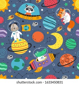 seamless pattern with space animals. Crocodile,dog,fox and raccoon in space
 - vector illustration, eps