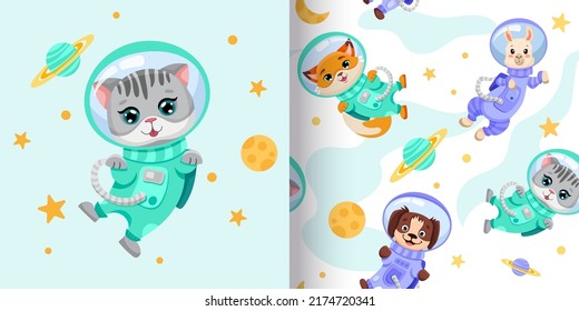 Seamless pattern with space animals in the open galaxy on light white background for children wallpaper textile print. Vector cartoon illustration