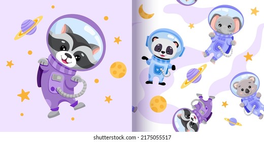 Seamless pattern with space animals in the open galaxy on light white background for children wallpaper textile print. Vector cartoon illustration