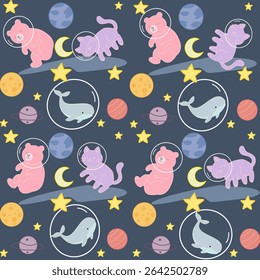 seamless pattern space with animals pastel color cute cartoon character .Vintage artwork background element template for printed fabric , paper wrapping , card, interior digital art
