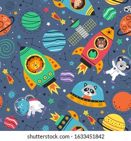 seamless pattern with space animals in rockets.Lion,hippo,koala,raccoon, monkey, frog and squirrel in space
 - vector illustration, eps    
