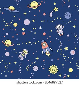 seamless pattern with space, astronauts, stars, planets, spaceship on a blue background