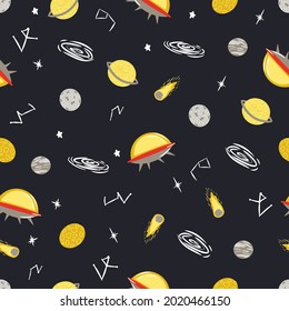 Seamless pattern with Space. Space background for children. Cartoon Rockets, Comets, Planets, Stars, UFOs, Galaxy, Constellation, Black hole. Vector seamless template, Print