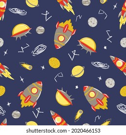 Seamless pattern with Space. Space background for children. Cartoon Rockets, Comets, Planets, Stars, UFOs, Galaxy, Constellation, Black hole. Vector seamless template, Print
