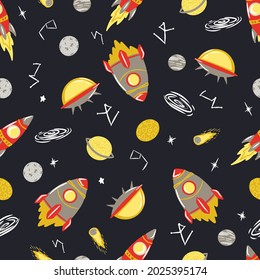 Seamless pattern with Space. Space background for children. Cartoon Rockets, Comets, Planets, Stars, UFOs, Galaxy, Constellation, Black hole. Vector seamless template, Print