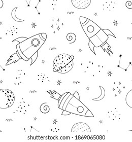 Seamless pattern Space background contains planets and rockets. Doodle style hand-drawn design use for print, wallpaper, fashion textiles vector illustration.