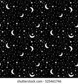 Seamless pattern with space in black and white colors. Vector background with stars and crescent moons