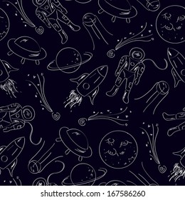 Seamless pattern space, black-white sketch vector illustration