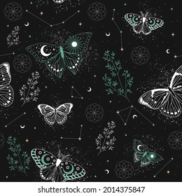 Seamless pattern with space butterfly on black background. Contemporary composition. Trendy texture for print, textile, packaging.