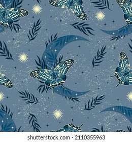 Seamless pattern with space butterfly on blue background. Contemporary composition. Trendy texture for print, textile, packaging.