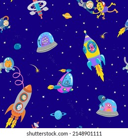 Seamless pattern. Space cartoon characters isolated on blue background. Astronauts, aliens, robots, ufos, space monsters, rockets, satellites, planets, stars.  Vector illustration for kids.