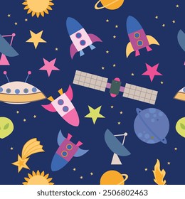 Seamless pattern space cartoon funny background for kids. 